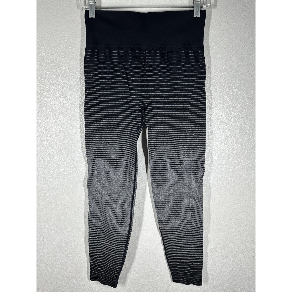 Marika Pants Womens Medium Black Gray Striped High Rise Yoga Leggings Athletic